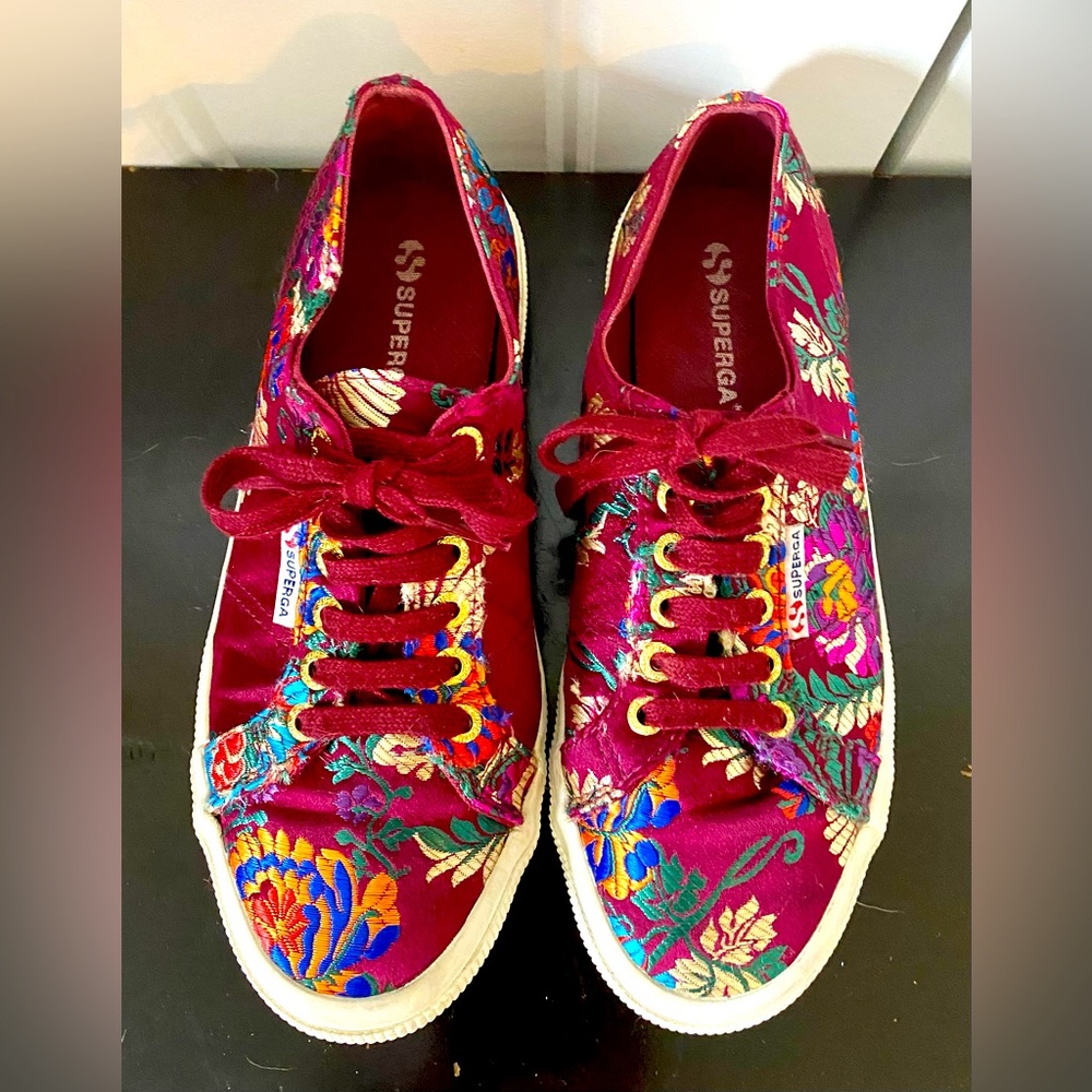 SUPERGA Burgundy satin embroidered sneakers.  Size 8
